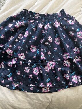 Draper James Navy Floral Tiered Skirt with Pink and Teal Blossoms